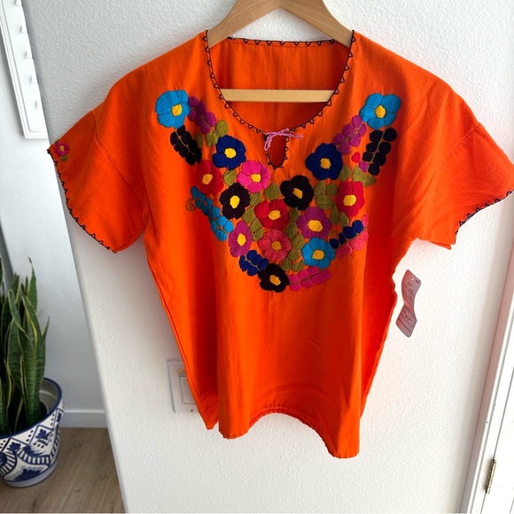 Embroidered Mexican Orange Blouse Top Embroidery 70’s Vibe Flower Power Small - Picture 2 of 7